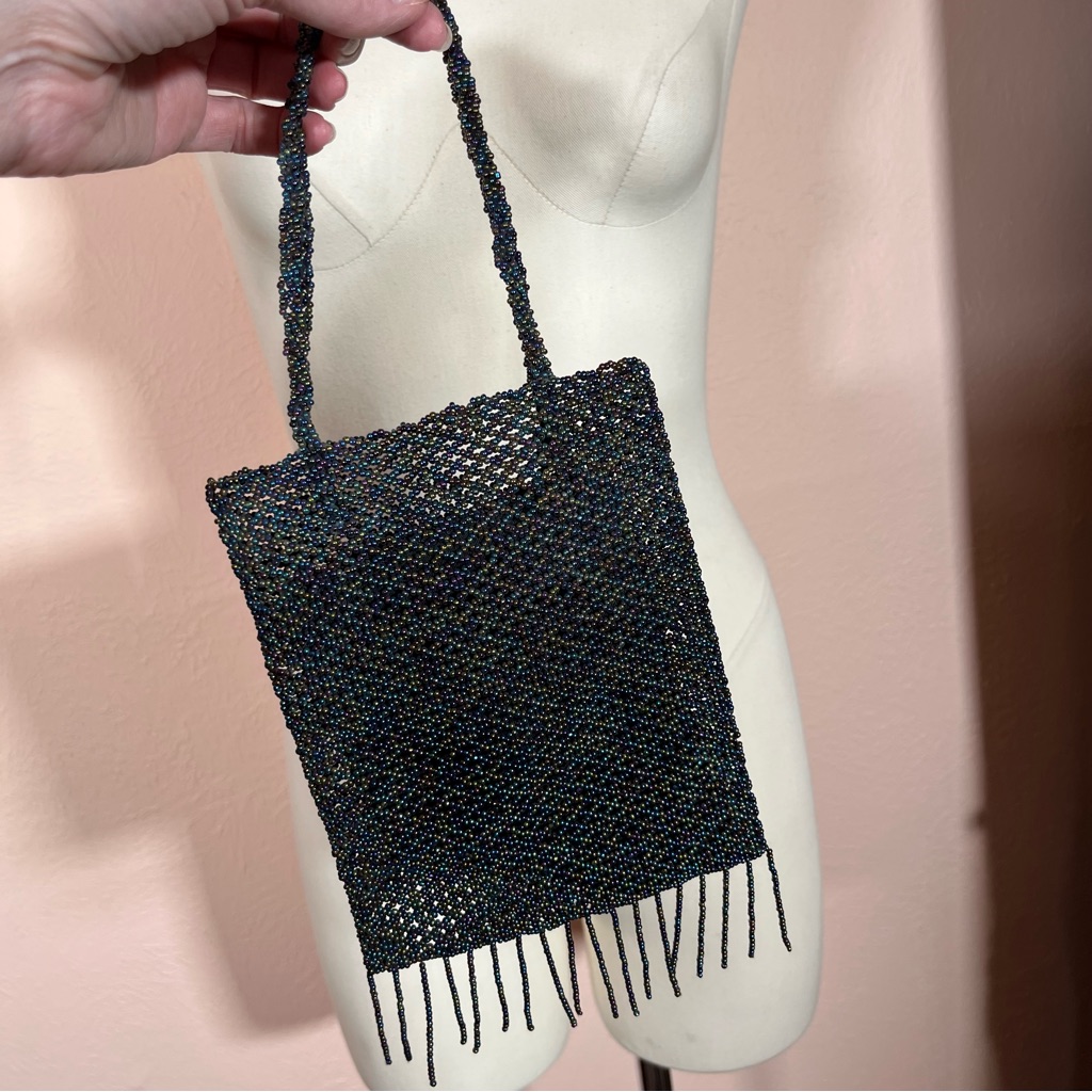 Art Deco Vintage Vanessa Glass Beaded Black Aurora Borealis Fringed Evening Bag — image 3 of 8